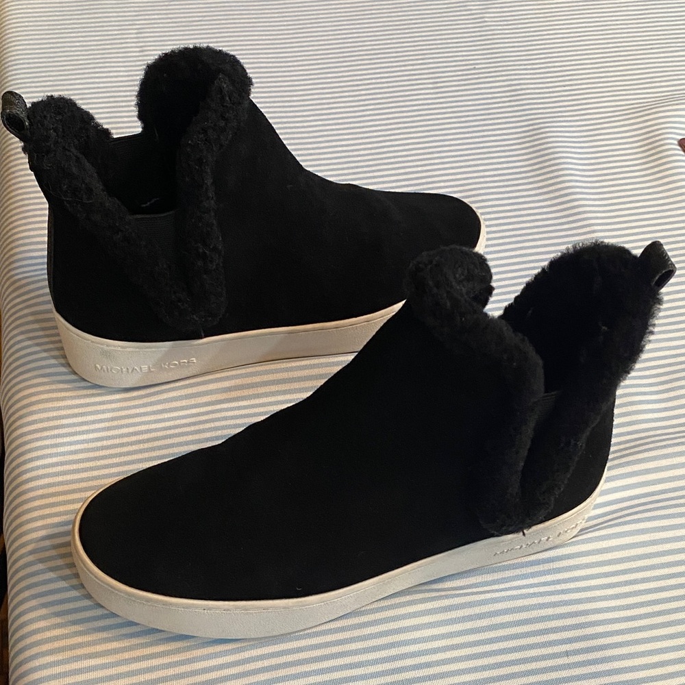 Michael Kors Black Suede Shearling-Trim Slip-On Sneakers, fur lining